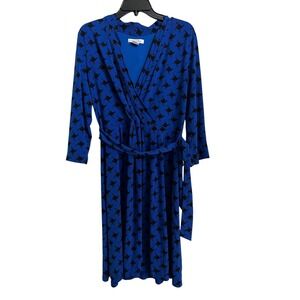 Liz Claiborne Blue Black Geometric Print Wrap Dress 3/4‎ Sleeve Sz L